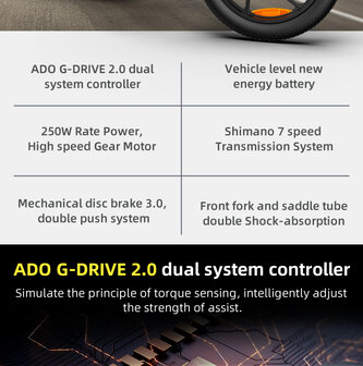 ADO A20 XE - toegestaan op de weg- verwijderbare batterij- achtervering- zwarte kleur witte ADO LOGO