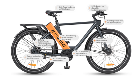 ENGWE P275 Pro- elektrische stadsfiets met bafang midden motor- - 19.2 AH- Oranje Zwart - Carbon ketting