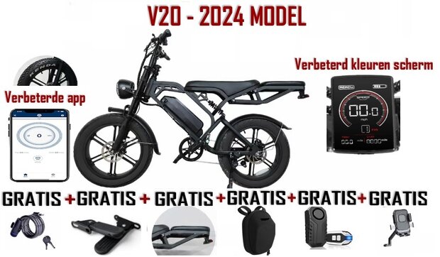 V20 15 AH Elektrische fat bike zwarte zadel 2024 MODEL - 250W zwart