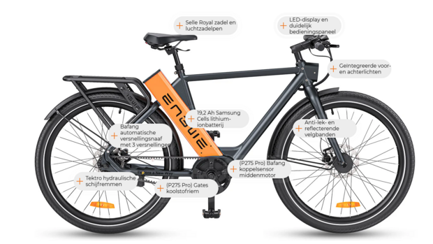 ENGWE P275 Pro- elektrische stadsfiets met bafang midden motor- - 19.2 AH- Oranje Zwart - Carbon ketting