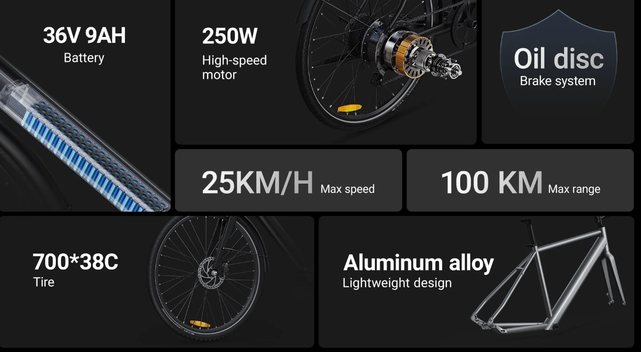 Elektrische Stadsfiets | DYU Stroll 1 | 38C Vlakke lucht Banden | 9 AH / 250W | 25 km/u / 30-40 km Bereik | 700C ( 28 inch) | Superlicht | Mechanische rem | Zwart / Grijs | Geen vering, max 120 kg - Afbeelding 17